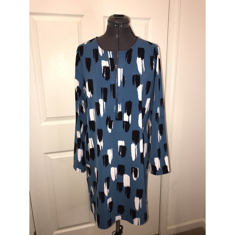 Apt 9 Shift Dress Medium, Brush Stroke Print Zip Front, Adjustable Sleeve